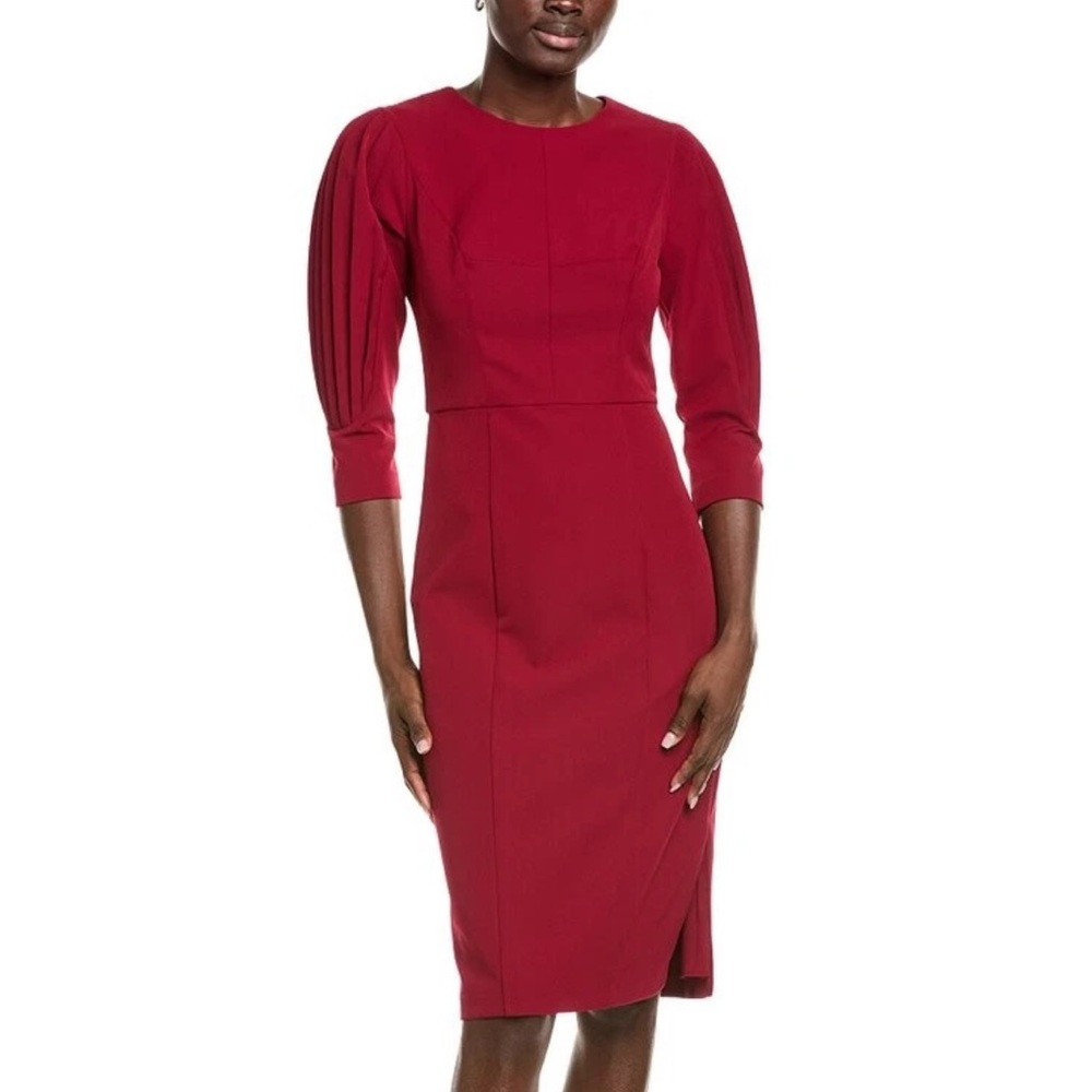 Kay Unger Wine Red Midi Sheath Dress with Pleated 3/4 Sleeves